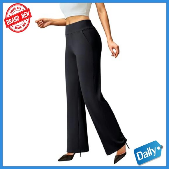 Stretchy Wide Leg Dress Pants Pull On Office Slacks with Pockets - Picture 2 of 8
